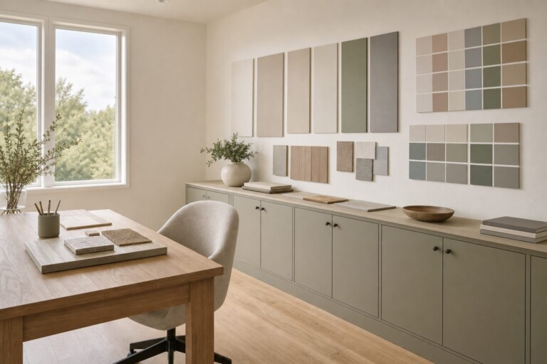 A calm office area with painted sample boards and color swatches on the wall, shown wide and eye-level