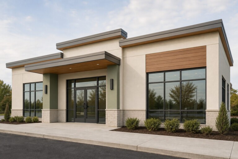 The exterior facade of a commercial building with freshly painted walls and trim, shown wide and eye-level — commercial premises