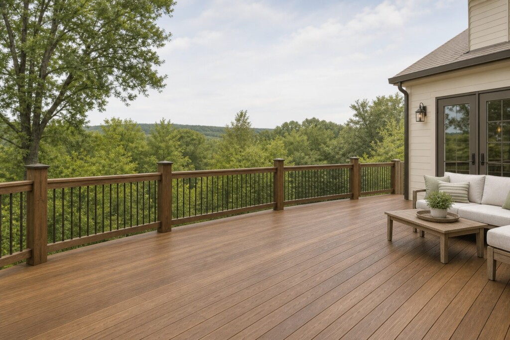 An outdoor wooden deck with even stain coverage and visible wood grain, shown wide and eye-level