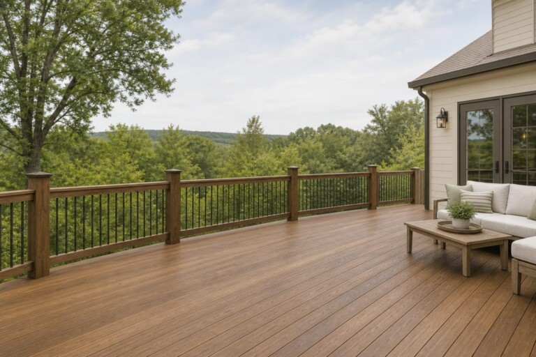An outdoor wooden deck with even stain coverage and visible wood grain, shown wide and eye-level