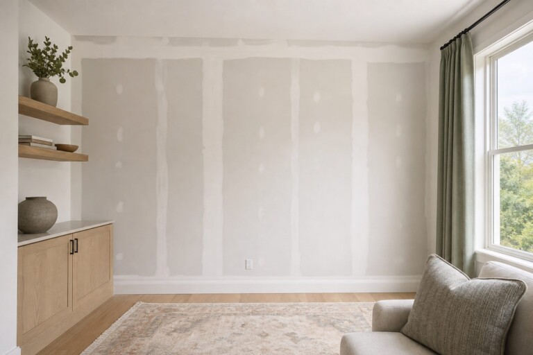 A living room wall section after drywall repair but before painting, shown wide and eye-level