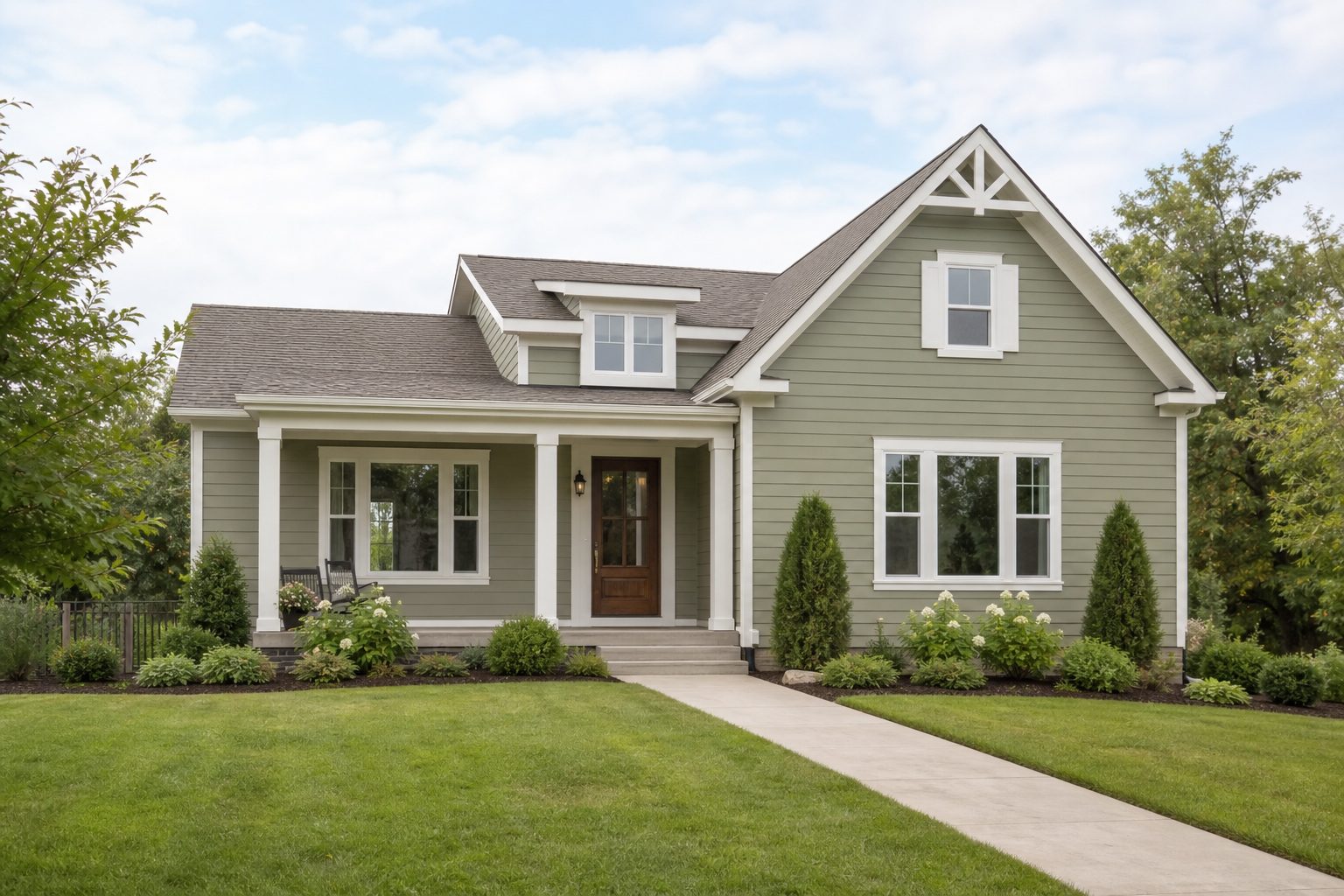 A whole front exterior of a residential house with newly painted siding and trim, shown wide and eye-level