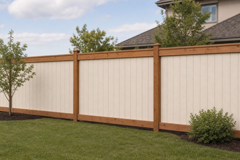 A backyard wooden fence section with freshly painted boards, shown wide and eye-level