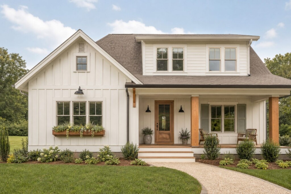 A freshly painted house exterior with clean siding and trim, shown wide and eye-level