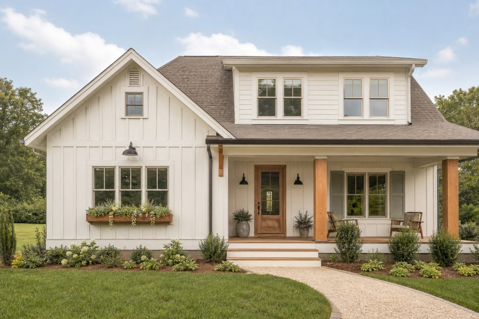 A freshly painted house exterior with clean siding and trim, shown wide and eye-level