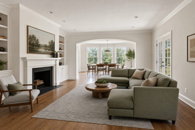 A spacious living room with freshly painted walls and trim, shown wide and eye-level