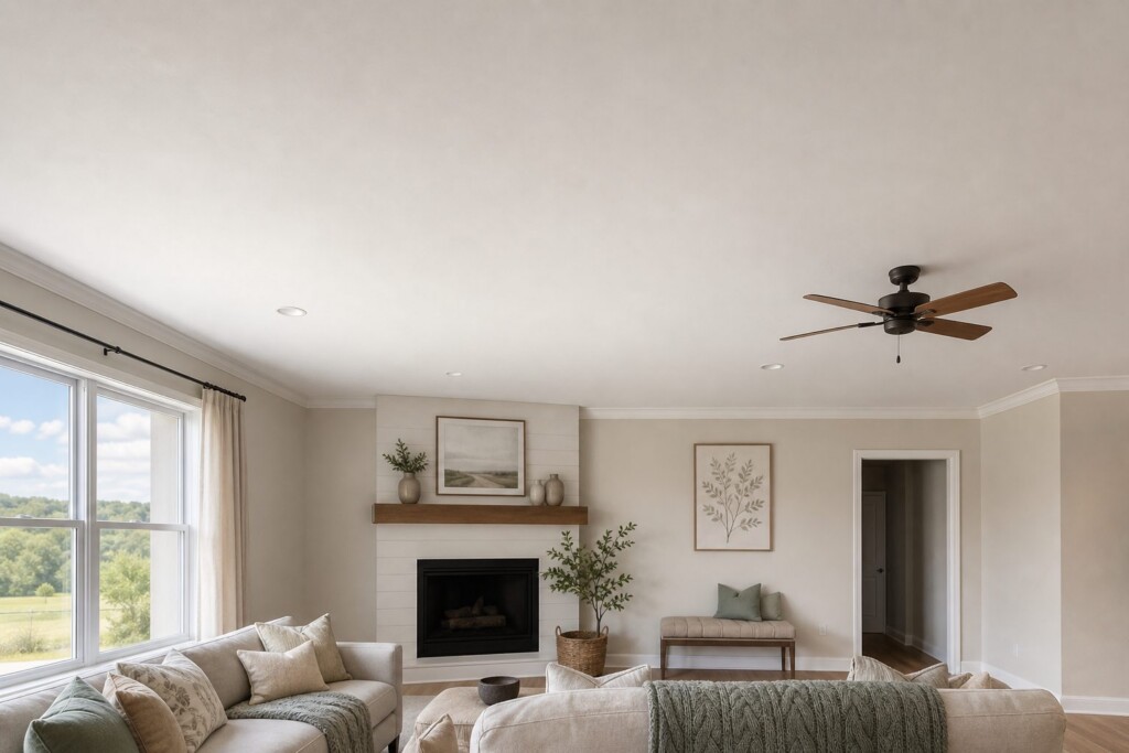 A living room ceiling area showing smooth surface after popcorn ceiling removal, shown wide and eye-level