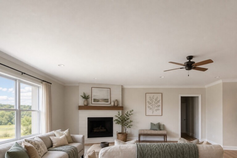 A living room ceiling area showing smooth surface after popcorn ceiling removal, shown wide and eye-level