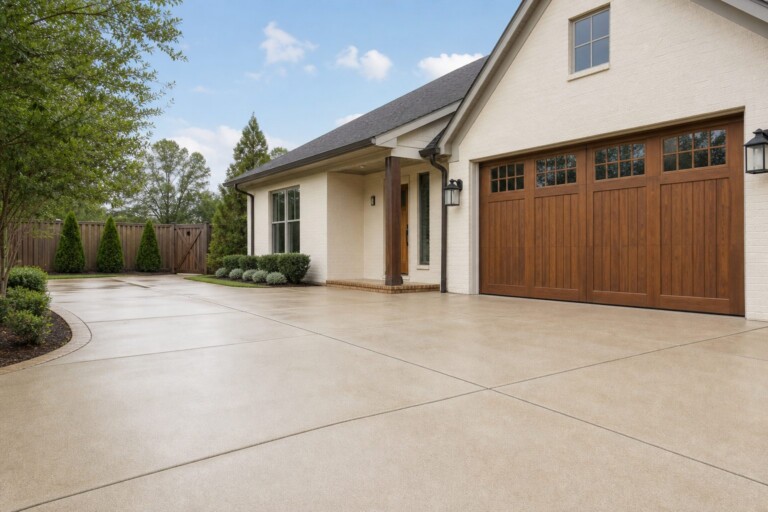 A clean driveway and house exterior wall after power washing, shown wide and eye-level