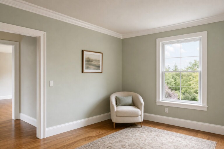 A room corner with freshly painted white baseboards and crown molding, shown wide and eye-level