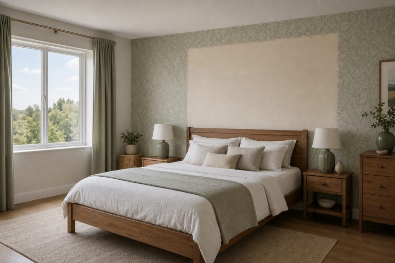 A bedroom interior with a section of wall cleared of wallpaper, shown wide and eye-level